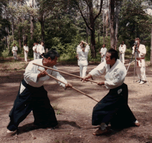 Saito Sensei practising jo at Turramurra 1985 Saito Sensei practising jo at Turramurra 1985